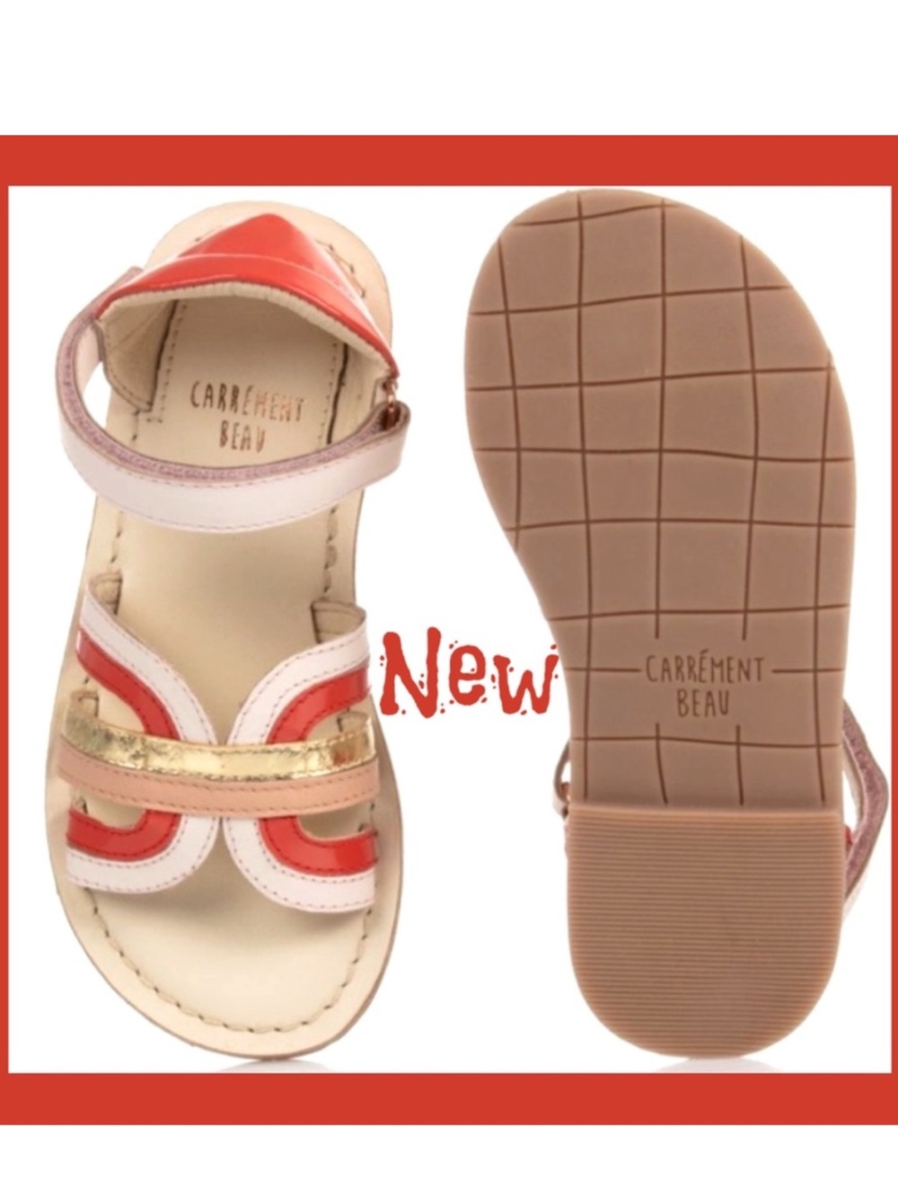 CARREMENT BEAU Girls Tan & Coral Leather Sandals w/ Gold Accent - Sz 9 (25) NEW